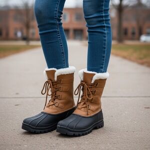 Mens Tan and Black Insulated Snow Boots Faux Fur Lined Waterproof Duck Boots